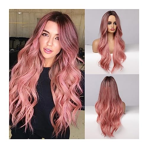 Natural Looking & Comfortable | Long Lasting Quali Lange Ombre-Rosa-Synthetik-Perücken for Frauen, Mittelteil, gewellt, Cosplay-Perücken, Naturhaar-Perücke, hitzebeständig, rosa-rote Perücke transform von Zephyria