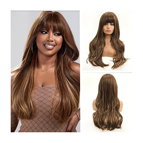 Natural Looking & Comfortable | Long Lasting Quali Lange Strähnchen-Wellenperücken mit Pony, Synthetik-Braun-Mischblond-Naturwellen-Perücke for Frauen Hitzebeständige Strähnchen-Perücken for den tägli von Zephyria