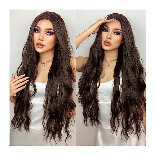 Natural Looking & Comfortable | Long Lasting Quali Lange braune gewellte synthetische Perücken, mittlerer Teil, natürliche lockige Perücke for schwarze Frauen, Cosplay, täglich, hitzebeständiges Kunst von Zephyria