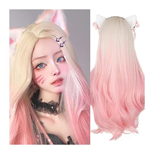 Natural Looking & Comfortable | Long Lasting Quali Lange lockige Synthetikperücke for Frauen, 26 Zoll Ombre Blonde Pink Wellige Perücke mit natürlichem Haaransatz, Mittelteil Hitzebeständige Perücke f von Zephyria