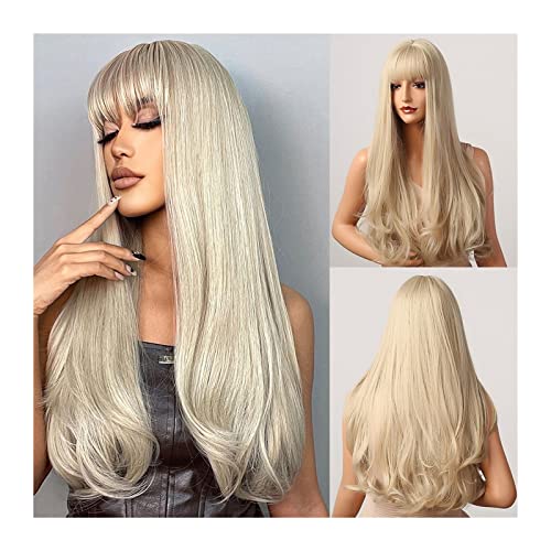 Natural Looking & Comfortable | Long Lasting Quali Lange natürliche gewellte Perücken for Frauen, 24 Zoll platinblonde Perücke mit Pony Synthetische hitzebeständige Perücke for tägliches Party-Cosplay von Zephyria