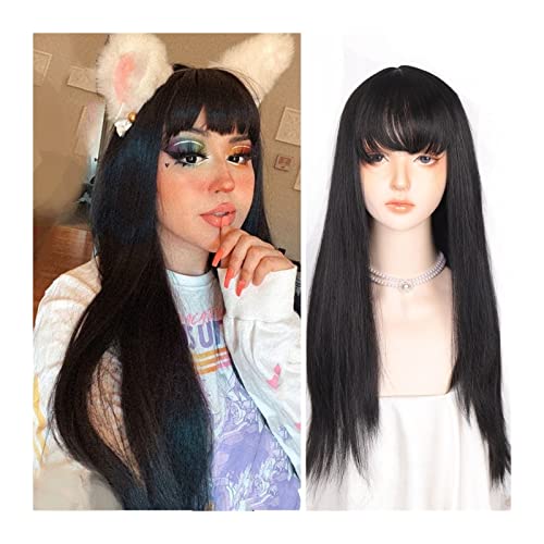 Natural Looking & Comfortable | Long Lasting Quali Langes schwarzes Kunsthaar, natürliche, seidige, gerade Perücke mit Pony, hitzebeständige Kunsthaarparty, Cosplay-Perücke mit Pony for Frauen transfo von Zephyria