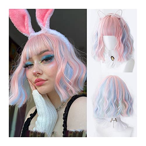 Natural Looking & Comfortable | Long Lasting Quali Rosa gemischte blaue Kunsthaarperücken for Frauen Mädchen, kurze lockige Bobo-Perücke mit Pony, kurze Bobo-Cosplay-Perücke, Party-Kostüm-Halloween-Ge von Zephyria