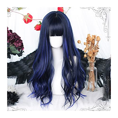 Natural Looking & Comfortable | Long Lasting Quali Schwarz-blaue Perücken mit ordentlichem Pony for Frauen, lange lockige, wellige Haarperücke mit Pony, natürliche synthetische Cosplay-Ersatzperücke t von Zephyria