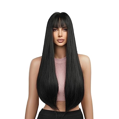 Natural Looking & Comfortable | Long Lasting Quali Schwarze synthetische Perücken, lange, seidige, gerade Cosplay-Party-Perücken mit Pony for Afro-Frauen, täglich, natürliche, hitzebeständige Kunsthaa von Zephyria