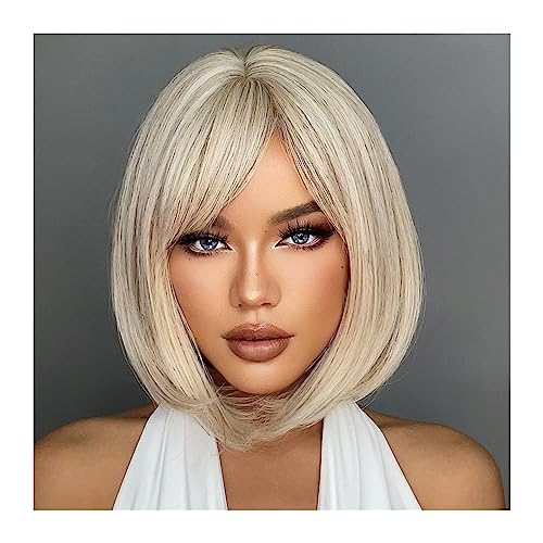 Natural Looking & Comfortable | Long Lasting Quali Weiße blonde graue synthetische Perücken mit Pony, kurze gerade Bob-Haarperücke for Frauen, Cosplay, tägliches natürliches Haar, hitzebeständig trans von Zephyria