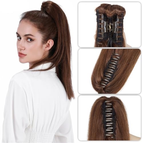 Pferdeschwanzverlängerung Echthaar, Pferdeschwanz-Verlängerung mit Klauenclip, glattes Echthaar, for Frauen, 35,6–55,9 cm, Dicke und natürlich aussehende Haarverlängerunge(Black,20inch) von Zephyria