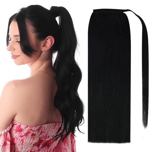 Pferdeschwanzverlängerung Echthaar, Remy Echthaar-Pferdeschwanz-Extensions, 70 g/80 g, for weiße Frauen, voller Glanz, Dicke und natürlich aussehende Haarverlängerunge(Black,14 inch) von Zephyria