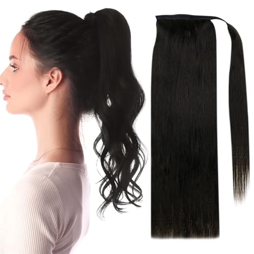 Pferdeschwanzverlängerung Echthaar, Remy Echthaar-Pferdeschwanz-Extensions, 70 g/80 g, for weiße Frauen, voller Glanz, Dicke und natürlich aussehende Haarverlängerunge(Dark black,18inch) von Zephyria