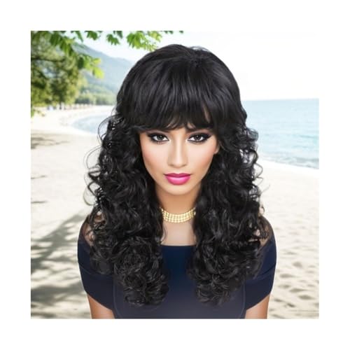 Premium Echthaarperücke, Lässige natürliche Perücke, weiblich, täglicher Gebrauch, Highlight-Kunsthaarmischung, braune Perücke mit Pony, lange lockige Haar-Ersatzperücken for Frauen, Natürliches Auss von Zephyria