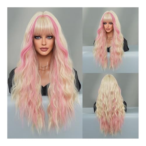Premium Echthaarperücke, Mode Damen langes lockiges Haar silbergrau rosa große Welle Full-Top-Haar-Set Halloween-Perücke, Natürliches Aussehen und angenehmes Tragegefühl(Greygoldgradient) von Zephyria