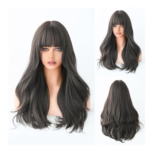 Premium Echthaarperücke, Modische Damen-Perücke, braun, lang, lockig, Luftknall, große Welle, Chemiefaser-Perücke, braune Wellen-Perücke, Natürliches Aussehen und angenehmes Tragegefühl(Black Tea) von Zephyria