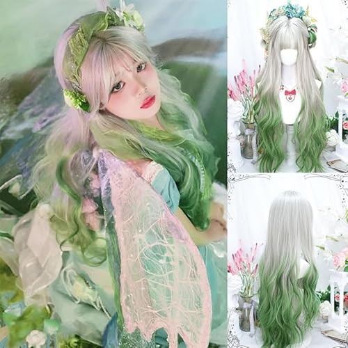 Premium Echthaarperücke, Perücke Damen-Perücke mit Farbverlauf, gepunktet, langes lockiges Haar, Chemiefaser, volle Kopfbedeckung, flauschiges Kunsthaar, volle Oberseite, Natürliches Aussehen und ang von Zephyria