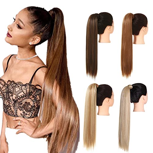 Premium Human Hair Ponytail Extension for Women, Blonder, umwickelter Zopf, lang, glatt, über dem Kopf liegender Pferdeschwanz, synthetischer, gerader Pferdeschwanz, Haarverlängerung, Clip in, falsche von Zephyria