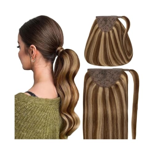 Premium Human Hair Ponytail Extension for Women, Echthaar-Pferdeschwanz-Verlängerung Nr. 4/27, Klavierfarben, Clip-in-Pferdeschwanz-Haarverlängerung, lange, gerade, umwickelnde Pferdeschwanz-brasilian von Zephyria