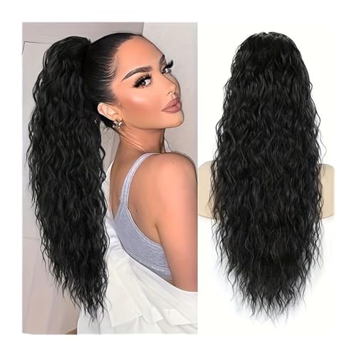 Premium Human Hair Ponytail Extension for Women, Pferdeschwanz-Haarteile mit Kordelzug, synthetischer gefälschter Pferdeschwanz, schwarzblond, lang, lockig, gewellt, Pferdeschwanz-Haarverlängerung for von Zephyria