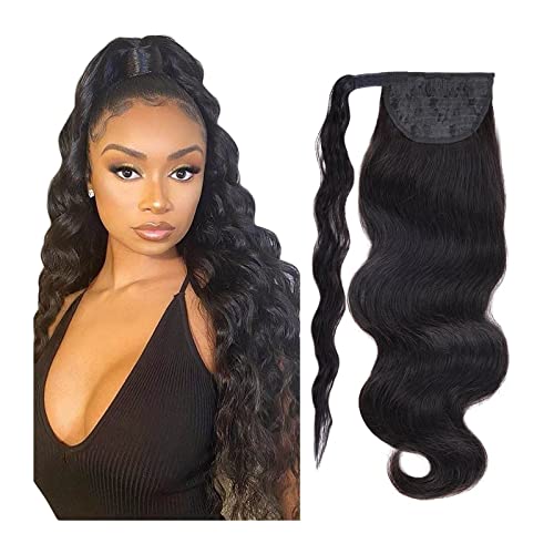 Premium Human Hair Ponytail Extension for Women, Verlängerung, natürliches schwarzes Echthaar, unbehandeltes Remy-Echthaar, Pferdeschwanz-Haarteil, 30,5–66 cm, lange gewellte Pferdeschwanz-Verlängerun von Zephyria