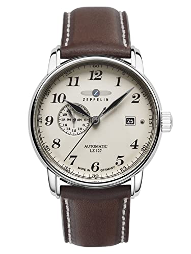 Zeppelin Herren-Armbanduhr mit Lederband Serie LZ127 GRAF Automatik 24 Stunden Datum 8668, Silberfarben/Dunkelbraun, Gurt von Zeppelin