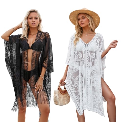 Zepphi Strandkleid Damen, 2 Stück Bikini Cover Up,Sommer Strandponcho Bademode, Sexy Strandkleider Leicht Badebekleidung Badeanzug Strandtunika für Urlaub, Pool,Strand und Party (Schwarz+Weiß) von Zepphi