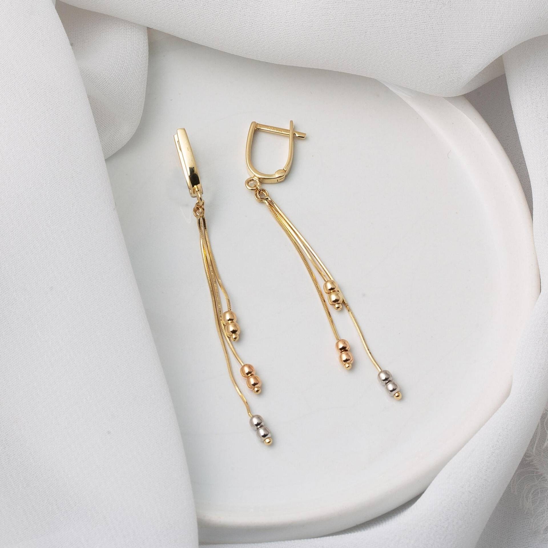14K Solid Gold Perlen Lange Kettenohrringe, Ball Ohrringe 14K Solid Gold Perlen Lange Kettenohrringe, Ball Ohrringe von ZerJewelry