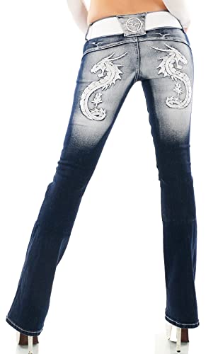 Damen Bootcut Jeans Hose Schlaghose Drache Dragon Schmetterling Stickerei Tattoo Gürtel XS-XXL (S/36, Drache-Silber) von Zeralda Fashion