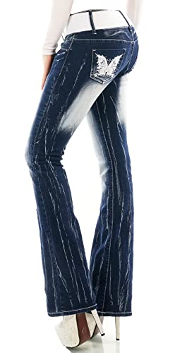 Damen Bootcut Jeans Hose Schlaghose Drache Dragon Schmetterling Stickerei Tattoo Gürtel XS-XXL (XXL/44, Schmetterling-Silber) von Zeralda Fashion