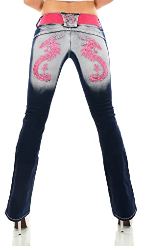 Damen Bootcut Jeans Hose Schlaghose Drache Dragon Schmetterling Stickerei Tattoo Gürtel XS-XXL (as3, Alpha, m, Regular, Regular, Drache-Pink, M/38) von Zeralda Fashion