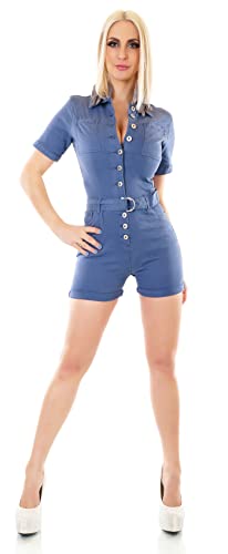 Damen Jeans HotPants Overall Jumpsuit Denim Knopfleiste Stretch Gürtelband XS-XL (XL, Blau) von Zeralda Fashion