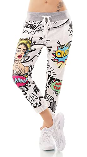 Italy Damen Hose Jogpants Baggy Boyfriend Freizeithose Comic Cartoon Schrift 36-40 (Schwarz) von Zeralda Fashion