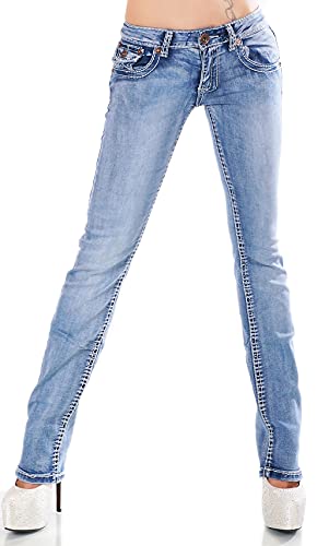 Zeralda Damen Jeans Hose gerade Straight Bootcut Flap Pocket Dicke Nähte Stretch 36-44 (Blau-90-5a, 36) von Zeralda Fashion