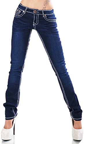 Zeralda Damen Jeans Hose gerade Straight Bootcut Flap Pocket Dicke Nähte Stretch 36-44 (Dunkelblau-90-4a, 44) von Zeralda Fashion