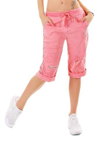 Zeralda Fashion Damen Capri Bermuda Shorts Kurze Hose Baggy Chino Risse Pailletten 36-40 (DE/NL/SE/PL, Alphanumerisch, Einheitsgröße, Regular, Regular, Koralle) von Zeralda Fashion