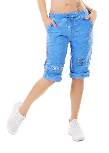 Zeralda Fashion Damen Capri Bermuda Shorts Kurze Hose Baggy Chino Risse Pailletten 36-40 (DE/NL/SE/PL, Alphanumerisch, Einheitsgröße, Regular, Regular, Royalblau) von Zeralda Fashion