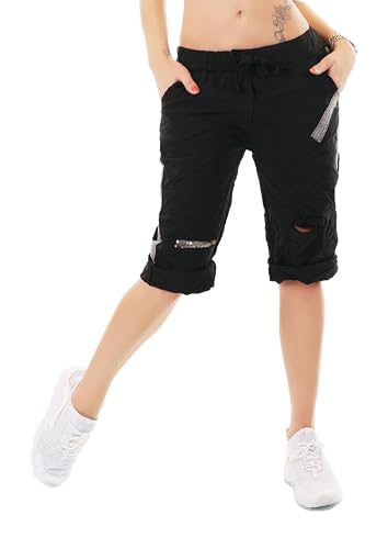 Zeralda Fashion Damen Capri Bermuda Shorts Kurze Hose Baggy Chino Risse Pailletten 36-40 (DE/NL/SE/PL, Alphanumerisch, Einheitsgröße, Regular, Regular, Schwarz) von Zeralda Fashion