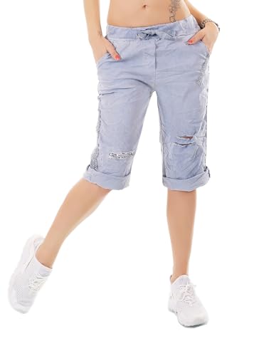 Zeralda Fashion Damen Capri Bermuda Shorts Kurze Hose Baggy Chino Risse Pailletten 36-40 (DE/NL/SE/PL, Alphanumerisch, Einheitsgröße, Regular, Regular, Blau) von Zeralda Fashion