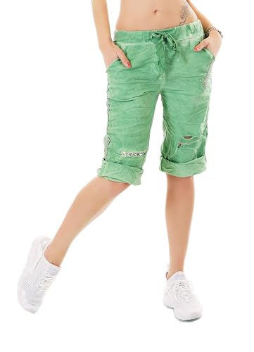 Zeralda Fashion Damen Capri Bermuda Shorts Kurze Hose Baggy Chino Risse Pailletten 36-40 (DE/NL/SE/PL, Alphanumerisch, Einheitsgröße, Regular, Regular, Grün) von Zeralda Fashion