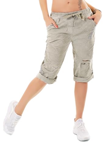 Zeralda Fashion Damen Capri Bermuda Shorts Kurze Hose Baggy Chino Risse Pailletten 36-40 (DE/NL/SE/PL, Alphanumerisch, Einheitsgröße, Regular, Regular, Olive) von Zeralda Fashion