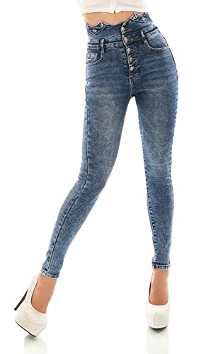 Zeralda Fashion Damen High Waist Jeans Hose Corsage Look hoher Bund Skinny Slim Fit Röhrenjeans XS-XL (as3, Alpha, s, Regular, Regular, Blau-3318) von Zeralda Fashion