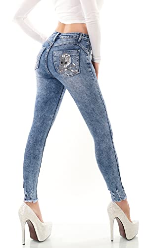 Zeralda Fashion Damen High Waist Jeans Hose Push Up Röhrenjeans Totenkopf Skull Pailletten Strass Skinny Fit (XS/34) von Zeralda Fashion