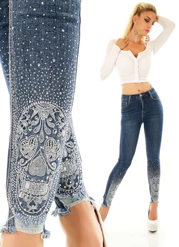 Zeralda Fashion Damen High Waist Jeans Hose Skinny Slim Fit Röhrenjeans Totenkopf Skull Pailletten Strass XS-XL (DE/NL/SE/PL, Alphanumerisch, L, Regular, Regular, Dunkelblau-2522) von Zeralda Fashion