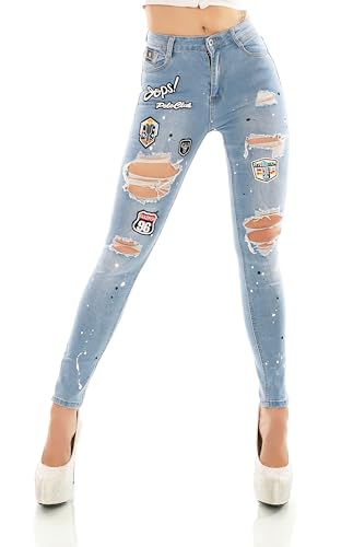 Zeralda Fashion Damen High Waist Jeans Skinny Slim Fit Hose Röhrenjeans Risse Fetzen Destroyed Look Aufnäher (DE/NL/SE/PL, Alphanumerisch, S, Regular, Regular, Hellblau-3665) von Zeralda Fashion