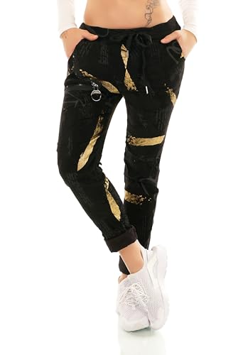 Zeralda Fashion Damen Hose Jogpants Baggy Boyfriend Freizeithose Wildleder Optik mit Goldene Effekte & Schriftzug 34-38 (DE/NL/SE/PL, Alphanumerisch, Einheitsgröße, Regular, Regular, Schwarz) von Zeralda Fashion