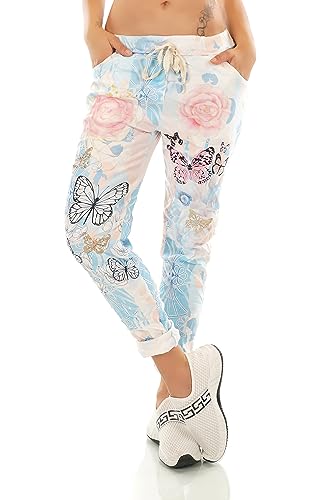 Zeralda Fashion Damen Hose Jogpants Baggy Boyfriend Sommer Freizeithose Smile Herz Stern Schmetterling Blumen 36-40 (Hellblau-Schmetterling) von Zeralda Fashion