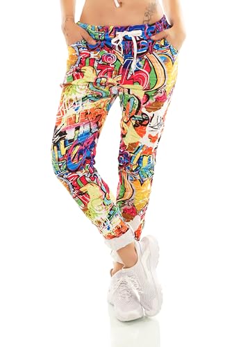 Zeralda Fashion Damen Hose Jogpants Baggy Boyfriend Sommer Freizeithose Smile Herz Stern Schmetterling Blumen 36-40 (Orange-Graffiti) von Zeralda Fashion