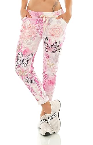 Zeralda Fashion Damen Hose Jogpants Baggy Boyfriend Sommer Freizeithose Smile Herz Stern Schmetterling Blumen 36-40 (Pink-Schmetterling) von Zeralda Fashion