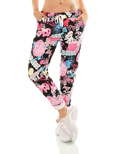 Zeralda Fashion Damen Hose Jogpants Baggy Boyfriend Sommer Freizeithose Smile Herz Stern Schmetterling Blumen 36-40 (Schwarz-210088) von Zeralda Fashion