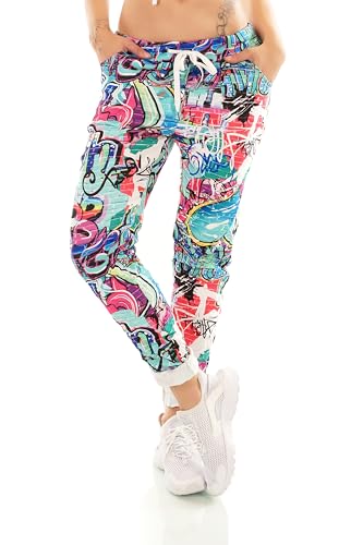 Zeralda Fashion Damen Hose Jogpants Baggy Boyfriend Sommer Freizeithose Smile Herz Stern Schmetterling Blumen 36-40 (Türkis-Graffiti) von Zeralda Fashion