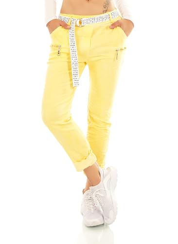 Zeralda Fashion Damen Hose Jogpants Baggy Boyfriend Stretch Freizeithose Schriftzug Gürtel 36-40 (DE/NL/SE/PL, Alphanumerisch, Einheitsgröße, Regular, Regular, Gelb-21314-16) von Zeralda Fashion