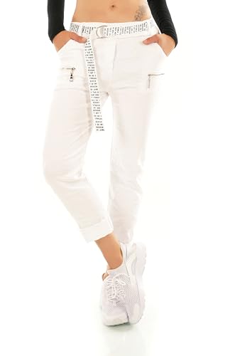 Zeralda Fashion Damen Hose Jogpants Baggy Boyfriend Stretch Freizeithose Schriftzug Gürtel 36-40 (DE/NL/SE/PL, Alphanumerisch, Einheitsgröße, Regular, Regular, Weiß-21314-16) von Zeralda Fashion