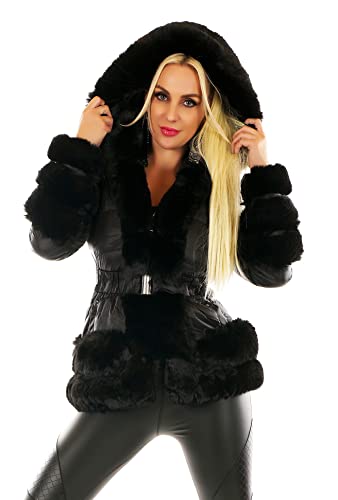 Zeralda Fashion Damen Jacke eleganter kurz Mantel wattiert gefüttert mit Kunstpelz Puschel Applikation Kapuze Gürtel S M L XL (as3, alpha, x_l, regular, regular, Schwarz-075) von Zeralda Fashion